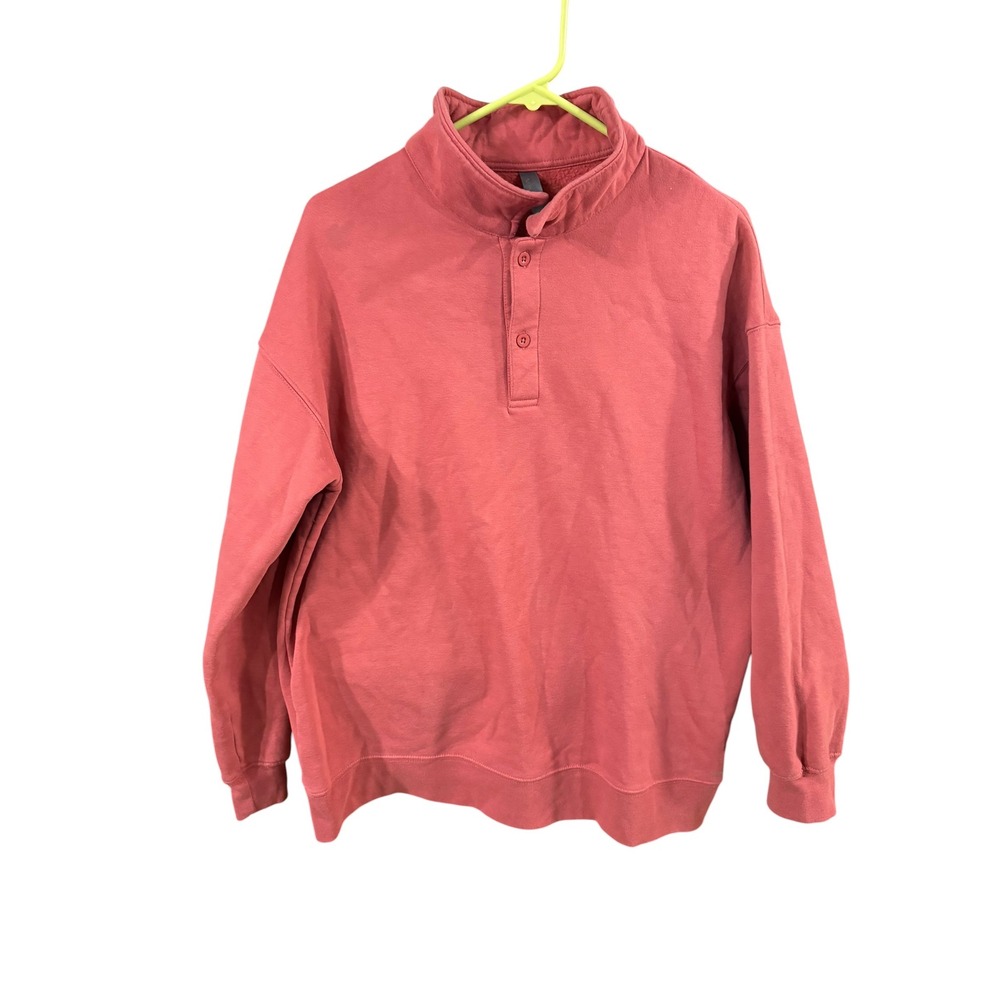 Mondetta Womens Coral Pink Mockโ Neck Button Placket Sweatshirt Pullover Top
